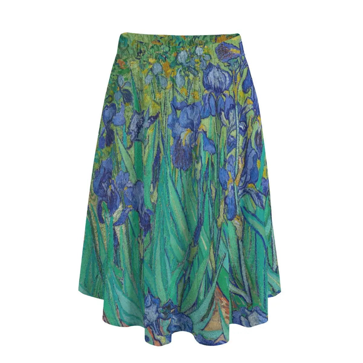 Woman wearing Vincent van Gogh's Irises long maxi skirt showing vibrant blue-purple flowers against simple white top