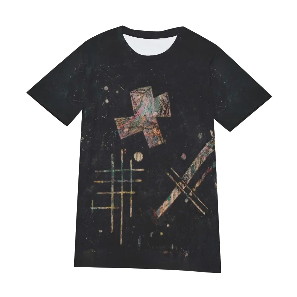 Front view of unisex modernist art T-shirt displaying the complete composition of Wassily Kandinsky's Isolated Sounds woodcut from "Klänge," with its revolutionary fusion of visual art and musical thinking creating a powerful statement about the integration of different art forms.