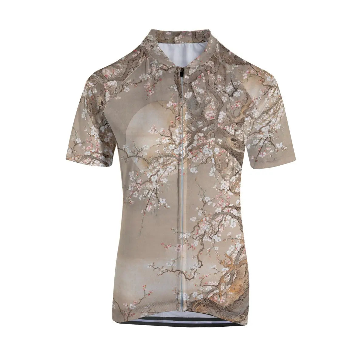 Woman cyclist in serene forest path wearing the Japanese Plum Blossoms jersey at dawn