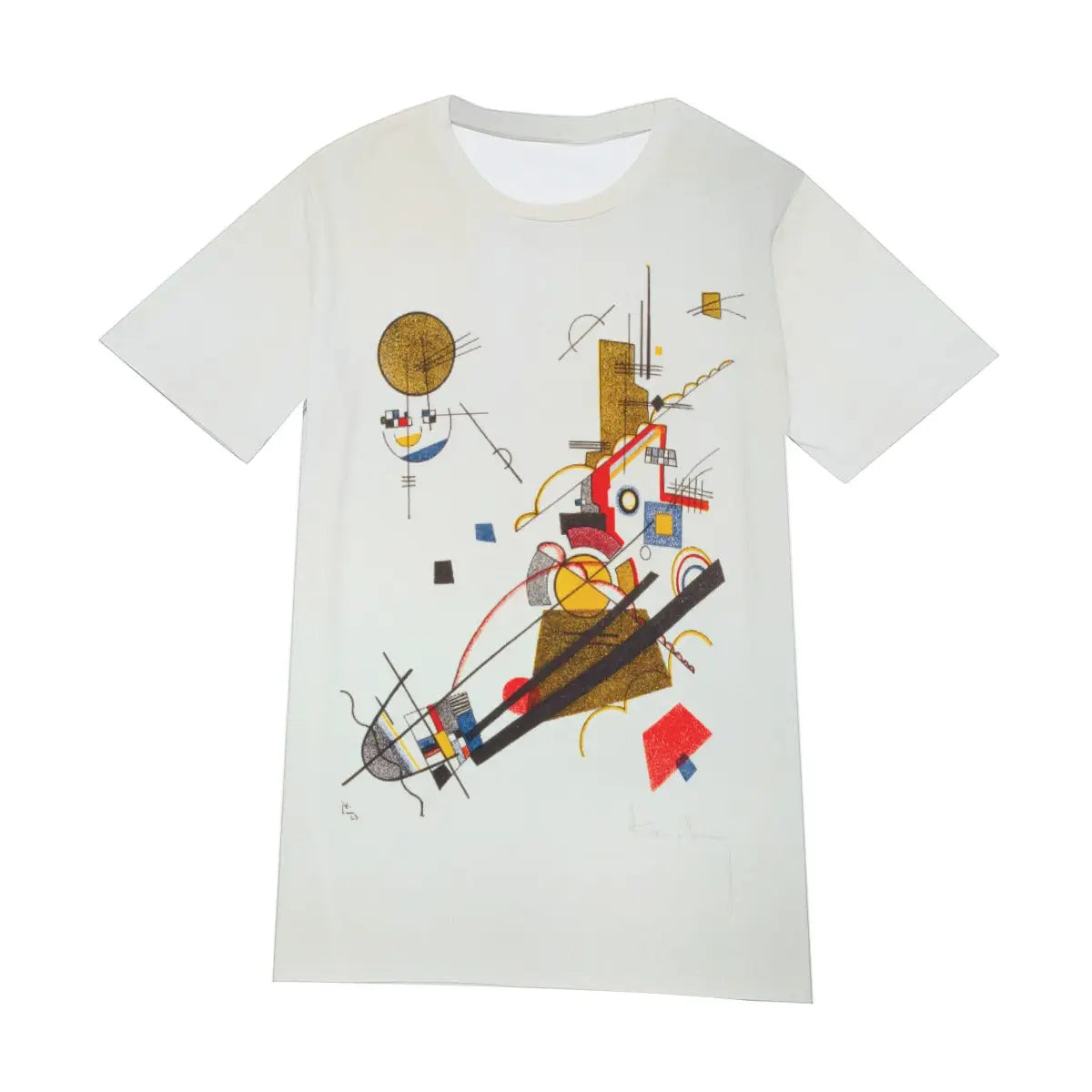 Front view of unisex Bauhaus art T-shirt displaying the complete composition of Wassily Kandinsky's Joyful Ascension, with its rhythmic arrangement of abstract forms creating a sense of upward movement and spiritual elevation.
