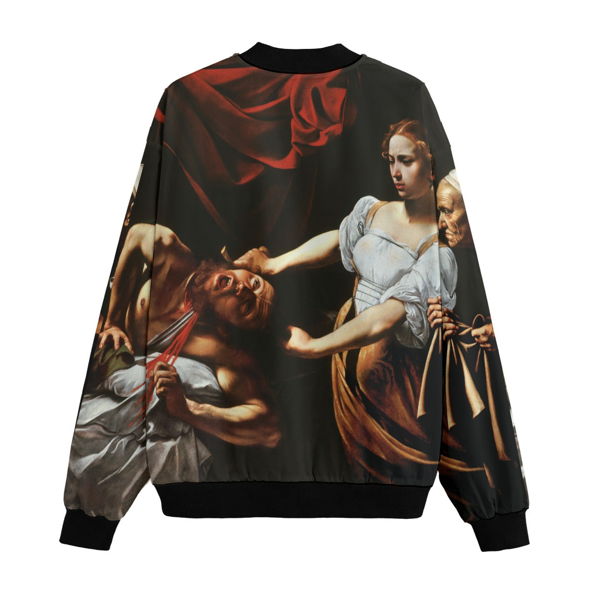 Artistic bomber jacket featuring Caravaggio's Judith Beheading Holofernes masterpiece, full artwork display on recycled polyester