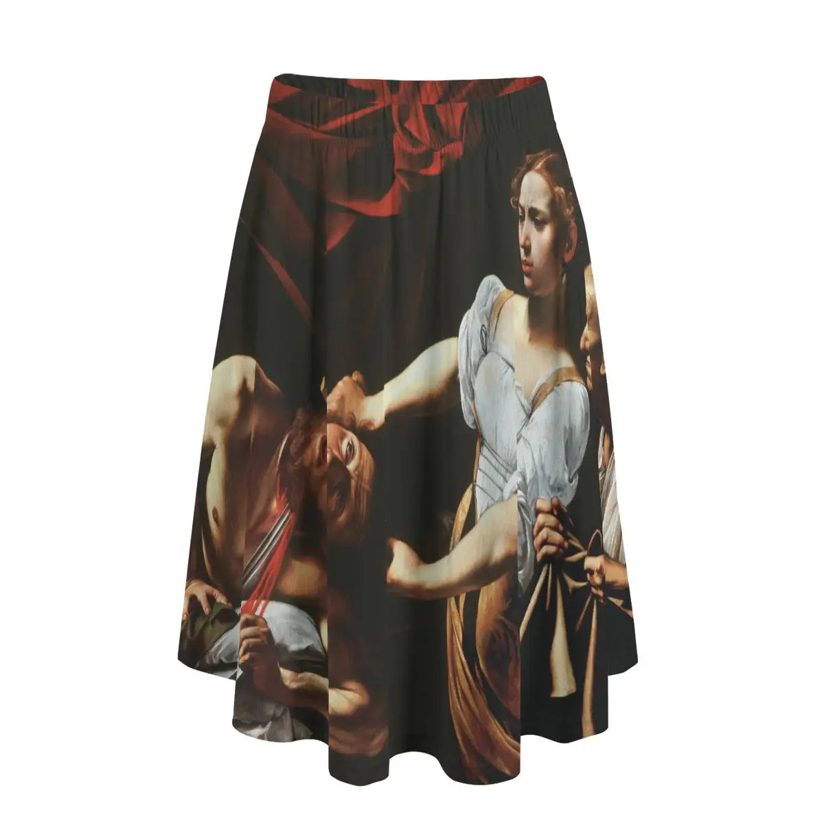 Woman wearing Caravaggio's Judith Beheading Holofernes long maxi skirt showing the dramatic biblical scene against simple black top