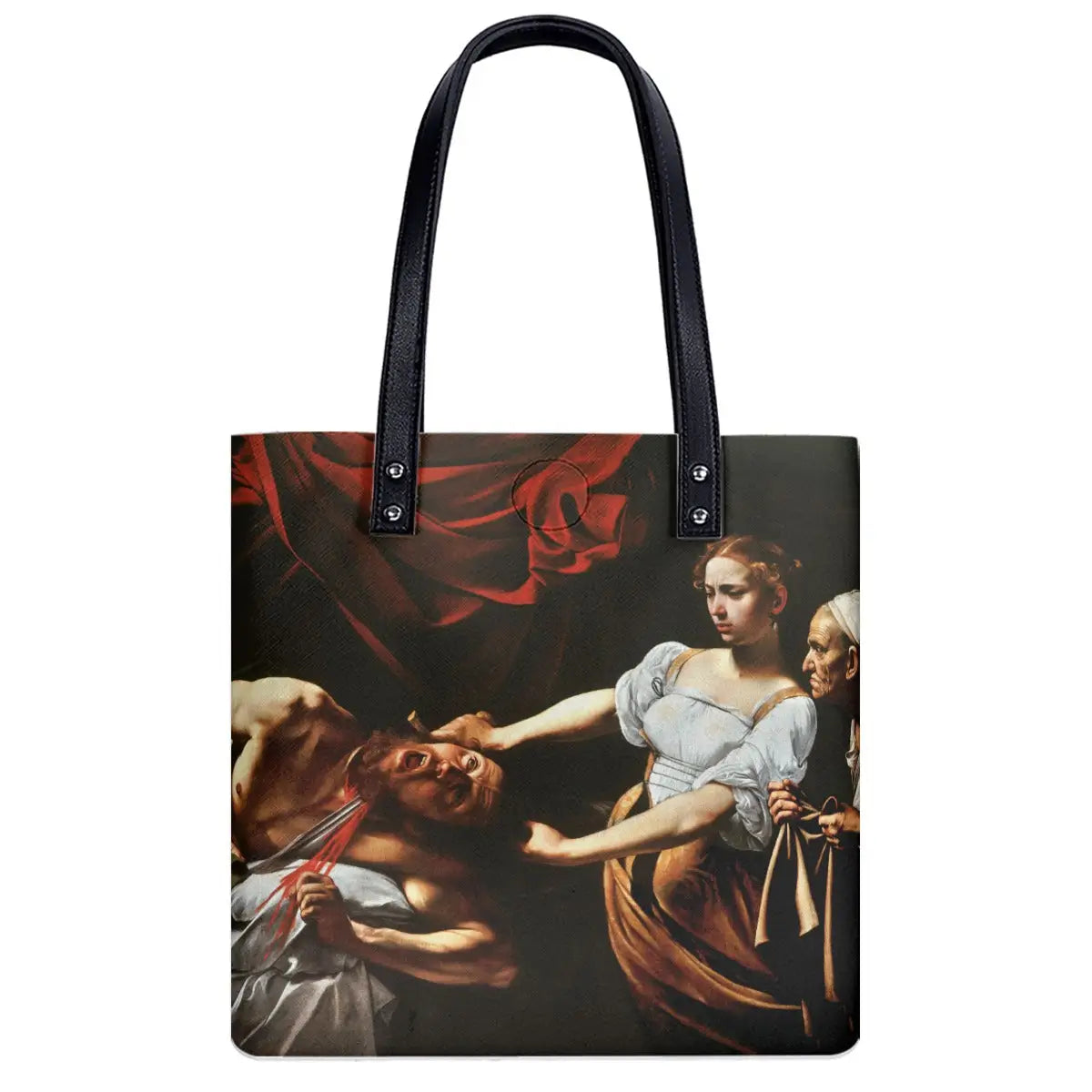 Back view of Caravaggio art shoulder bag showing Judith Beheading Holofernes painting detail