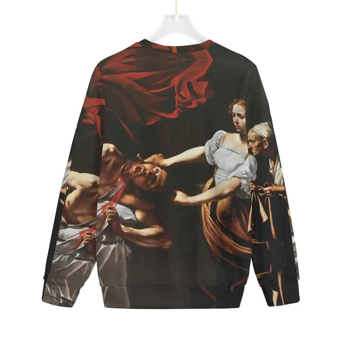 Artistic sweater with Caravaggio's painting print, showing fabric quality and fit from back