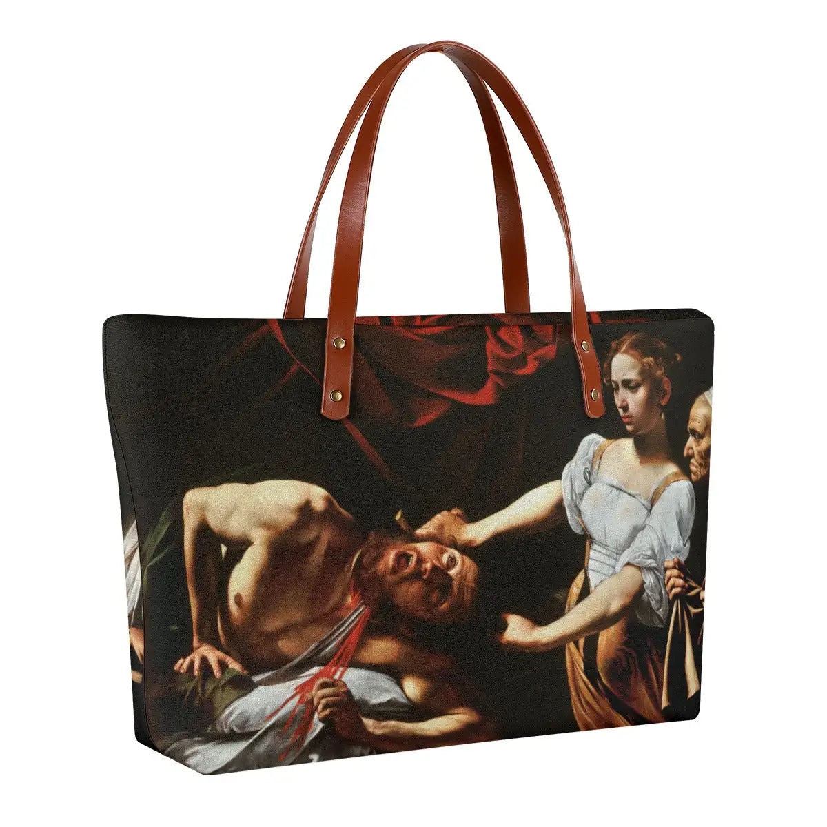 Waterproof artistic tote bag featuring Caravaggio's Judith Beheading Holofernes side view