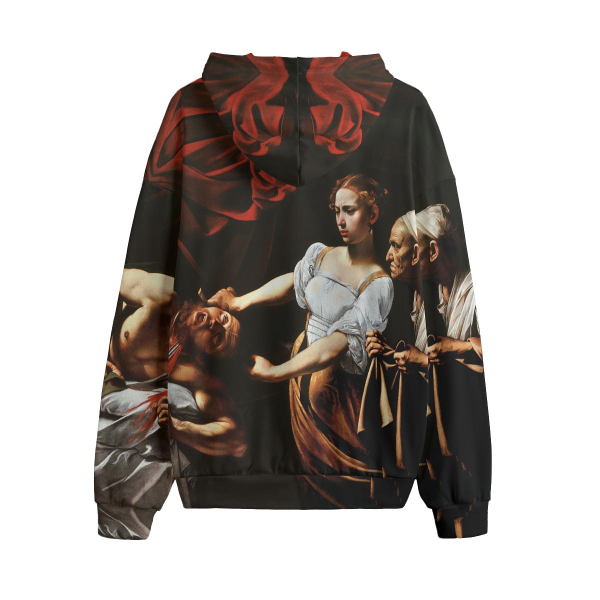 Model wearing Judith Beheading Holofernes Caravaggio Hoodie, demonstrating fit and style