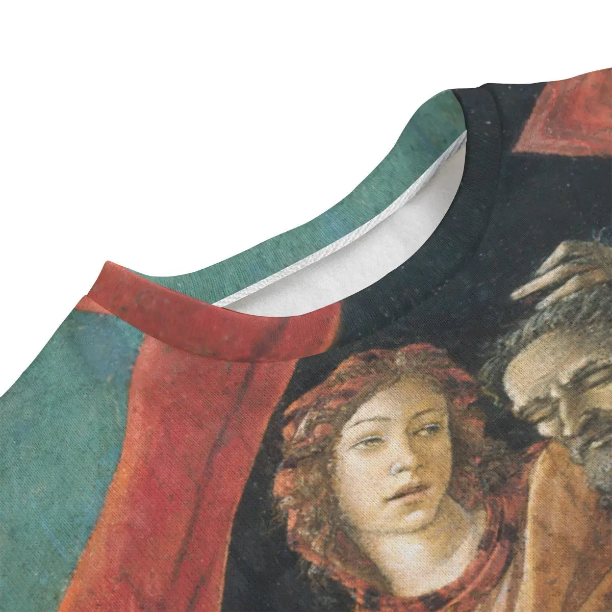 Close-up of Judith's portrait by Botticelli printed on premium fleece sweater