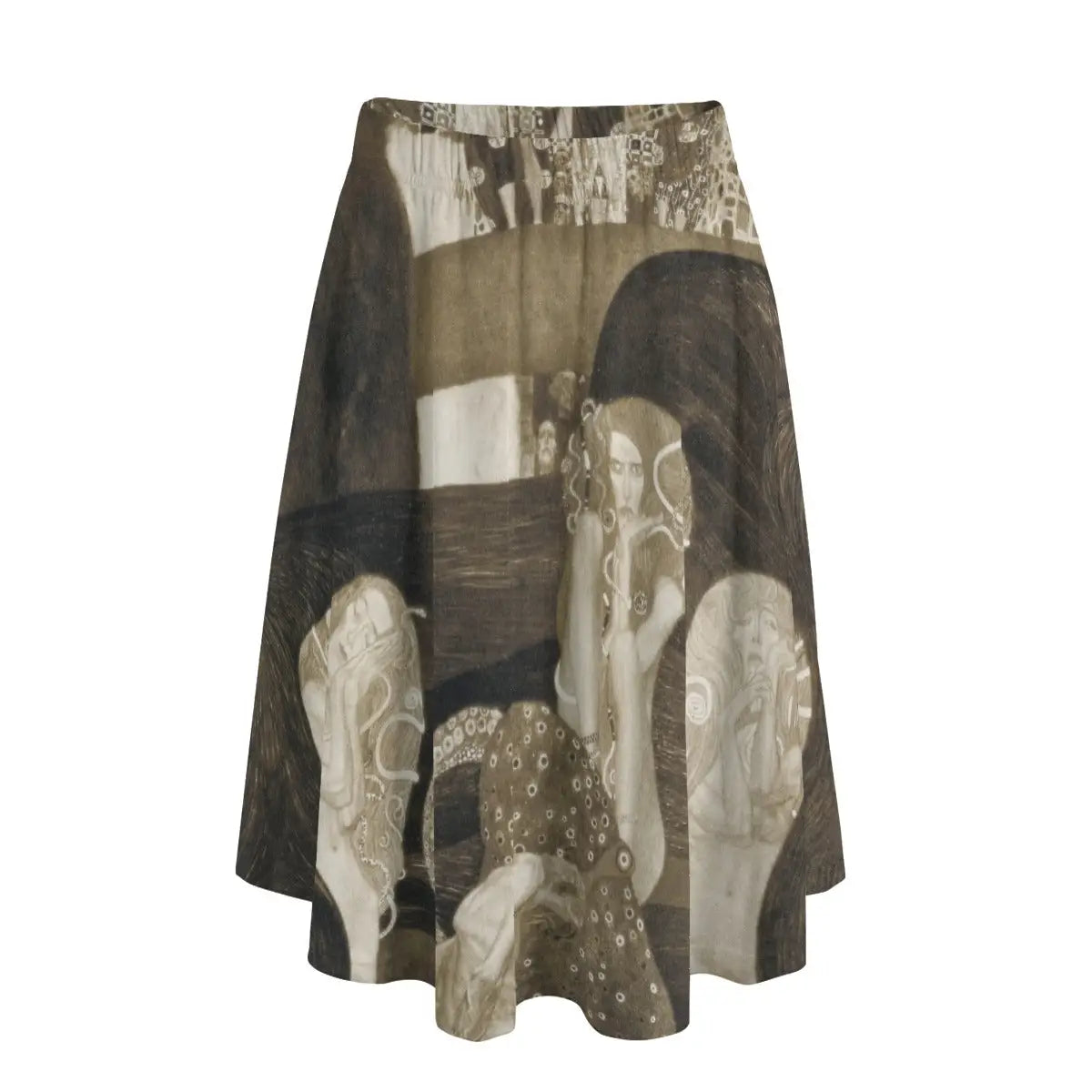 Woman wearing Gustav Klimt's Jurisprudence long maxi skirt showing the dark allegorical scene against simple black turtleneck