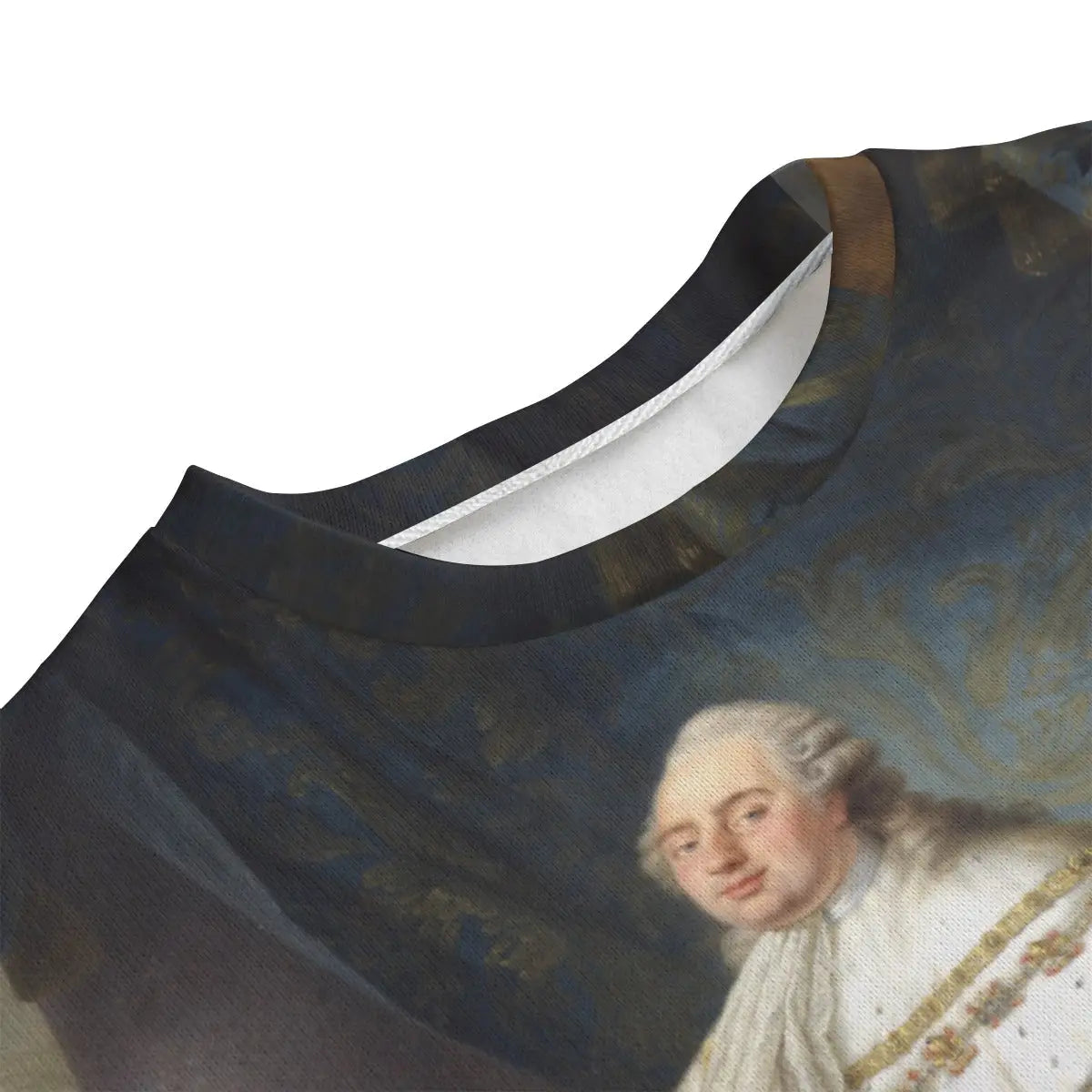 Detailed view of Louis XVI royal portrait on sustainable fleece sweater