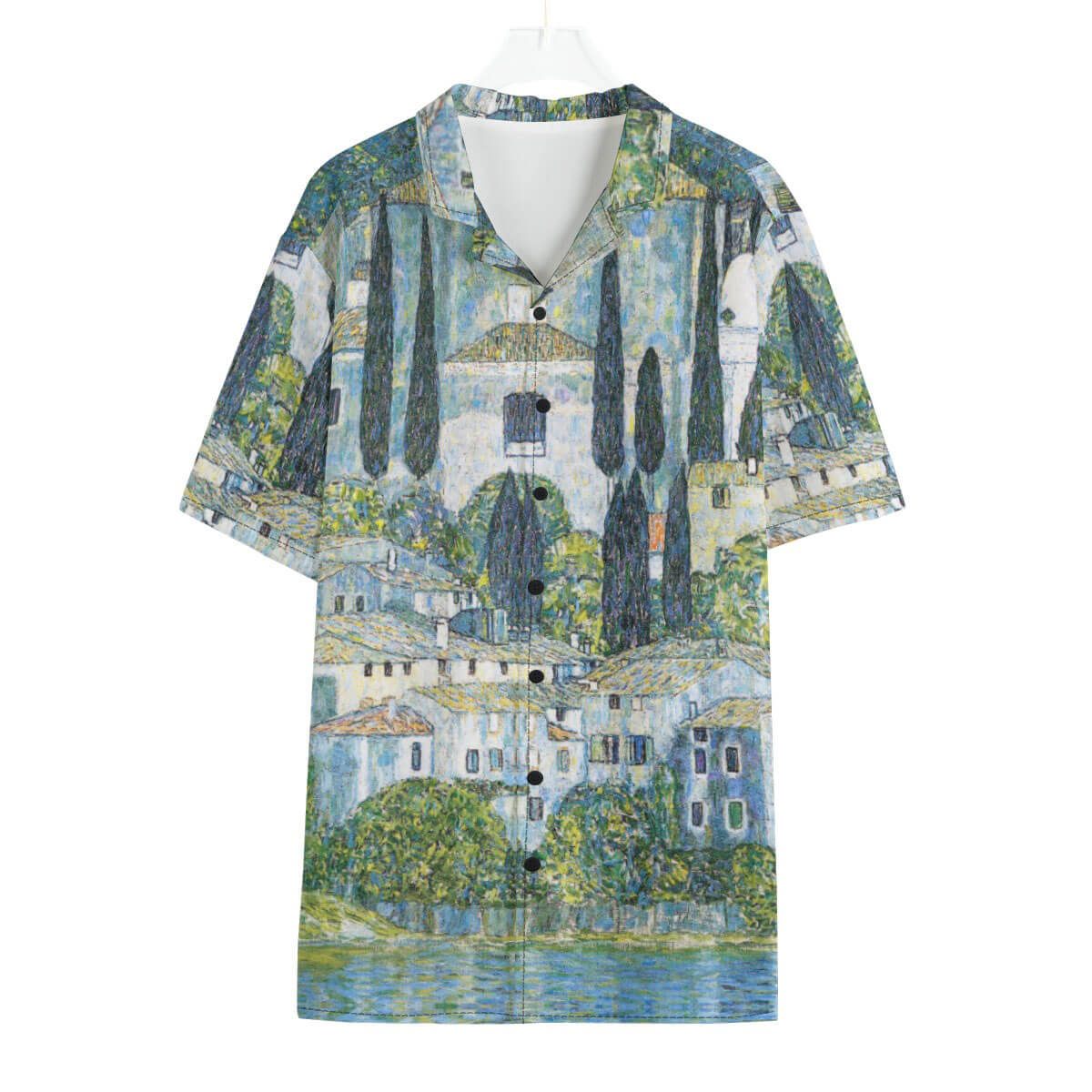 Gustav Klimt's Kirche in Cassone painting on vibrant Hawaiian shirt