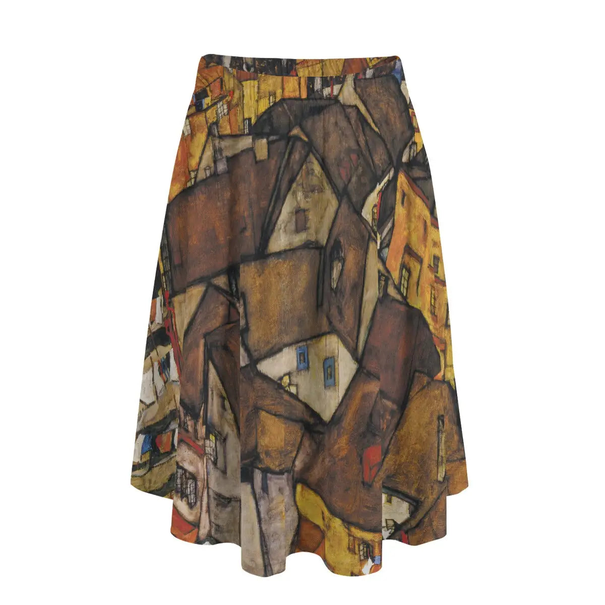 Woman wearing Egon Schiele's Krumau Crescent of Houses long maxi skirt showing the distinctive townscape against simple rust-colored top