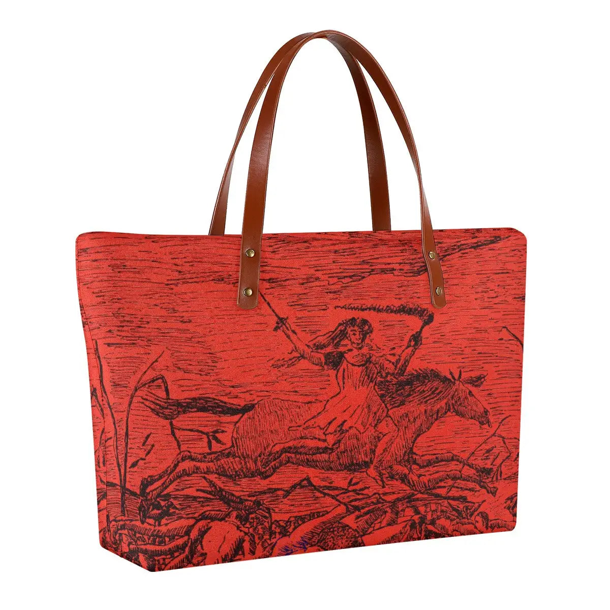 Waterproof art tote bag featuring La Guerre by Henri Rousseau showing bag width and black zipper