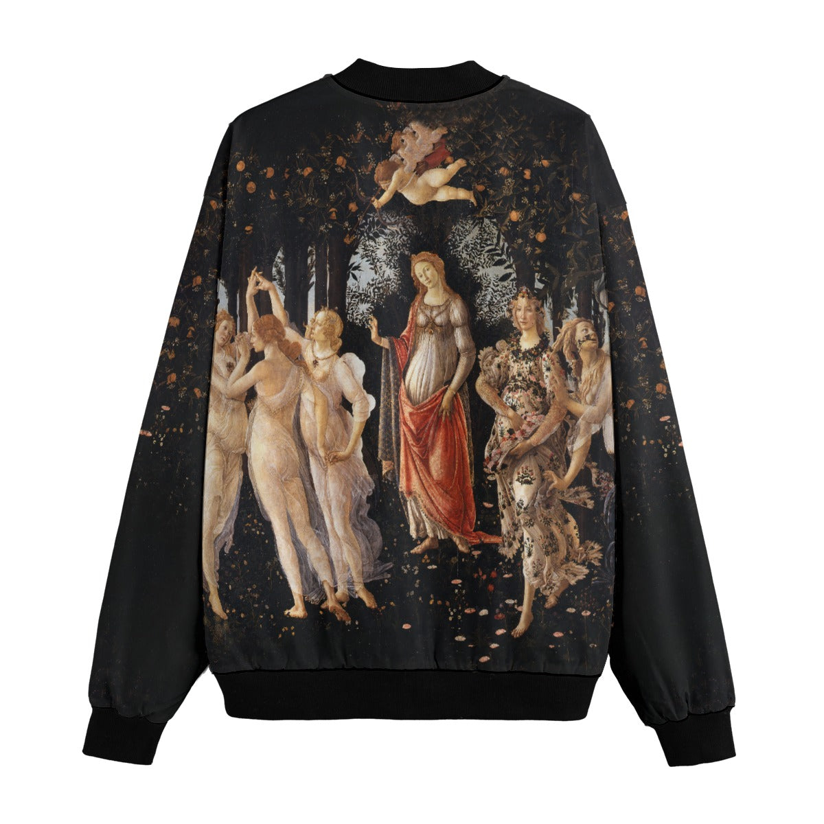 Artistic bomber jacket featuring Botticelli's Spring masterpiece, displaying full Renaissance scene on back