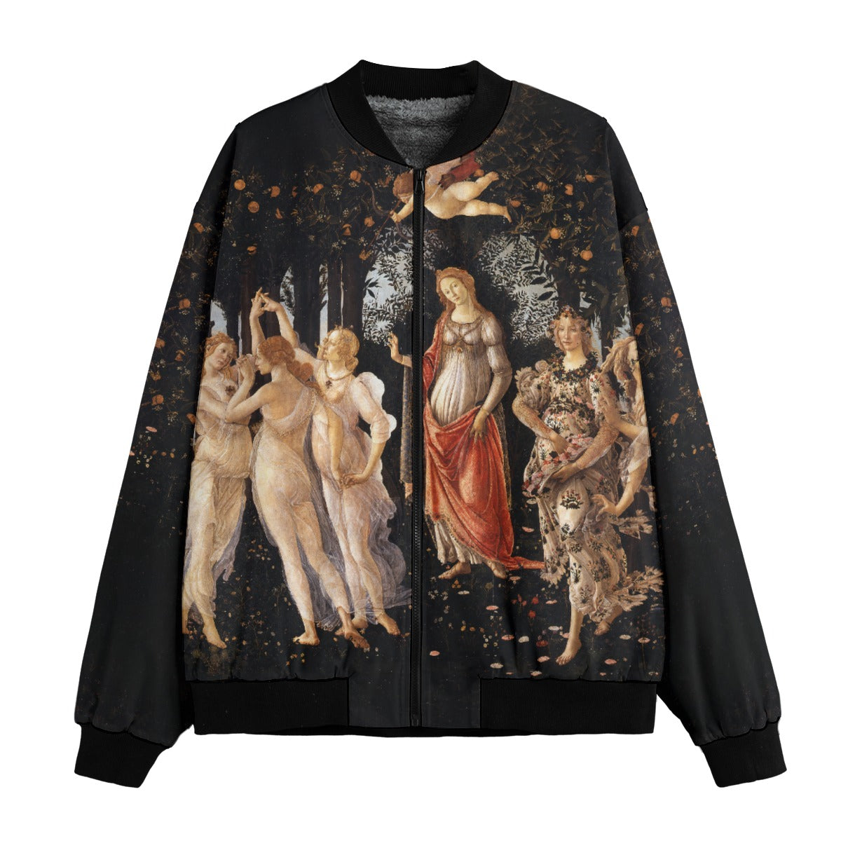 La Primavera by Botticelli Bomber Jacket front view showing Venus and Three Graces on sustainable fabric