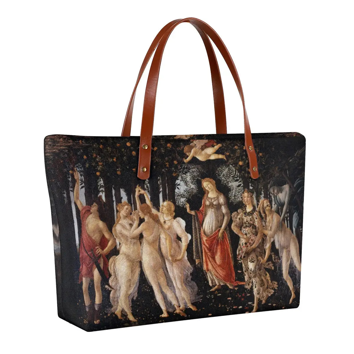 Waterproof artistic tote bag with Botticelli's La Primavera design showing side capacity