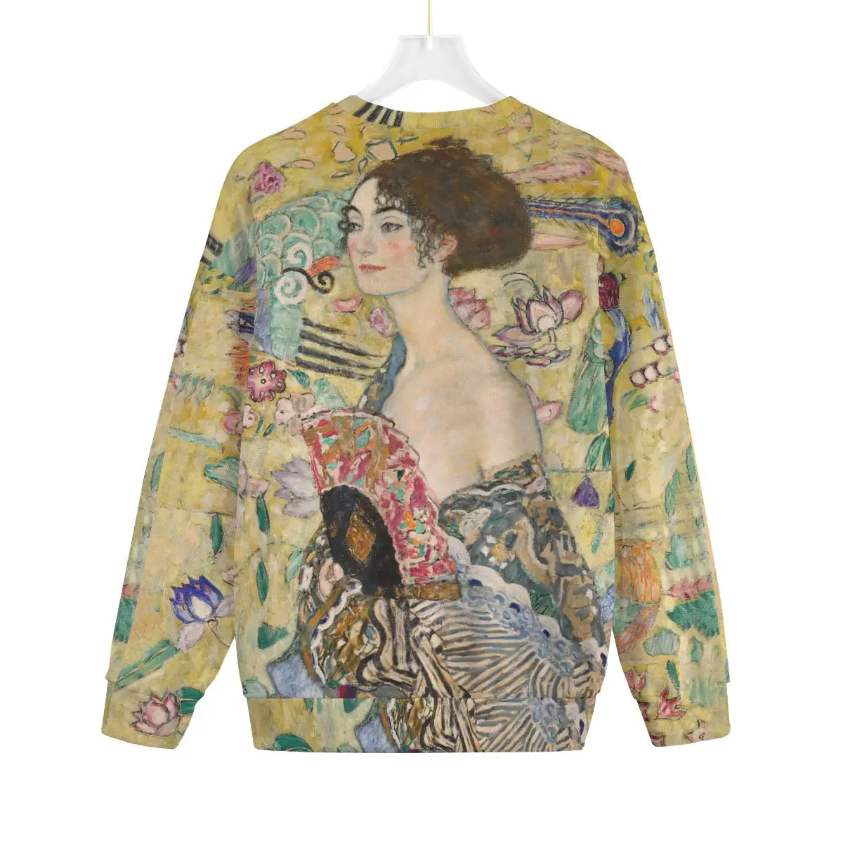 Back view of Lady with Fan sweater displaying complete artwork on Hacci Fleece