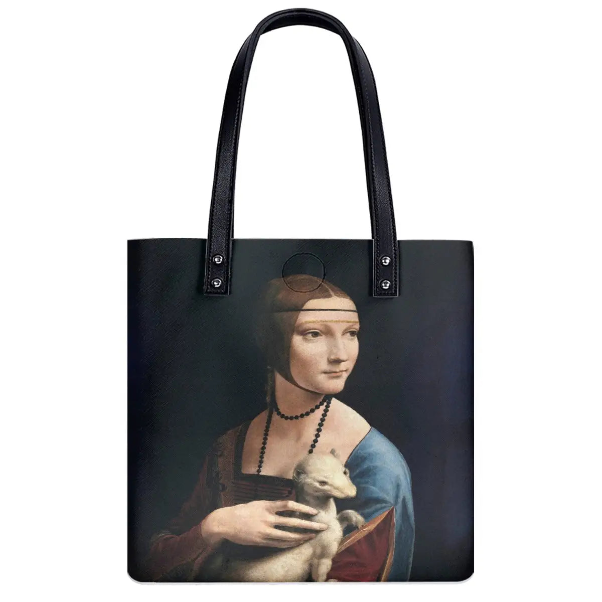 Lady with an Ermine art bag showing double-sided Da Vinci print on black PU leather tote