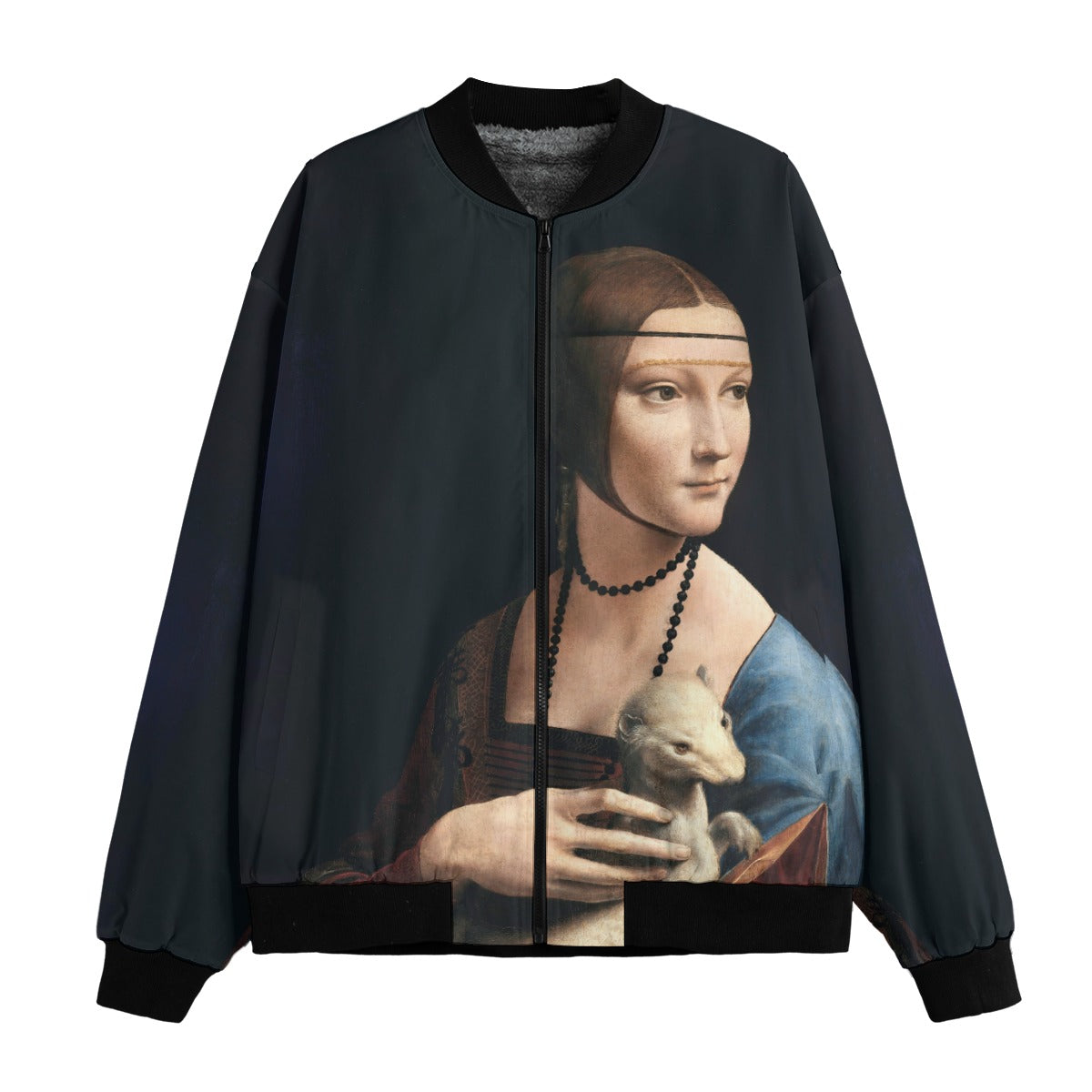 Lady with an Ermine by Leonardo da Vinci Bomber Jacket front view featuring Renaissance masterpiece print on eco-friendly fabric