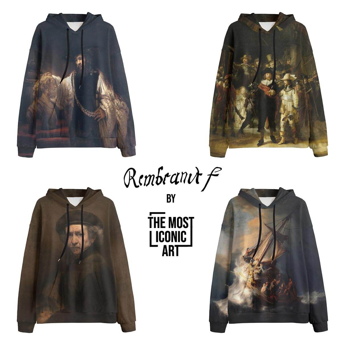 Self-portrait hoodie: Rembrandt's intense gaze and signature beret printed on a warm, earth-toned sweatshirt.