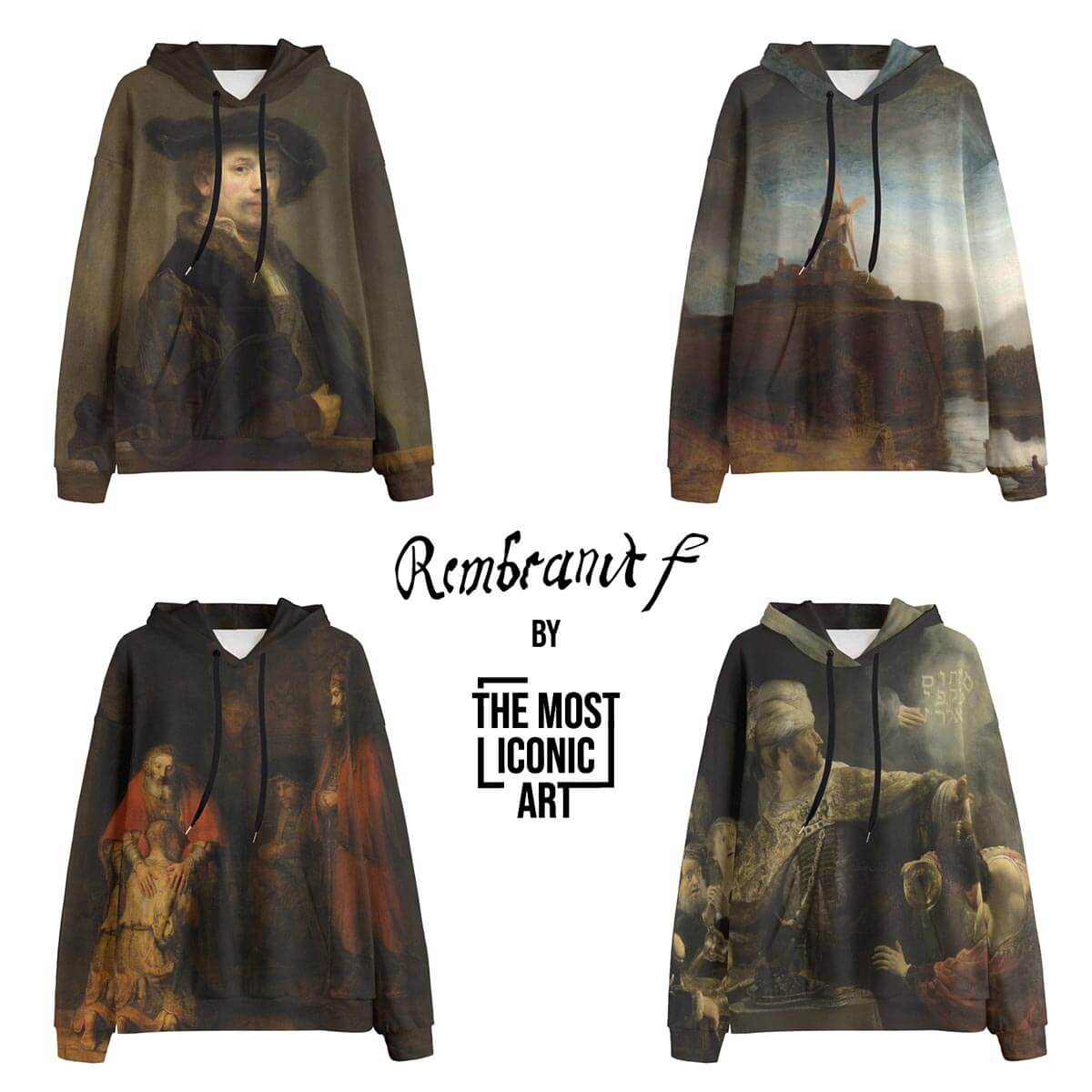 Hoodie featuring Rembrandt's 'The Night Watch': Dark fabric with a printed image of soldiers in dramatic light and shadow.