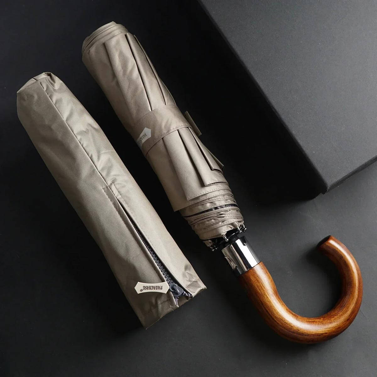 Khaki-colored large automatic umbrella with durable lightweight fabric