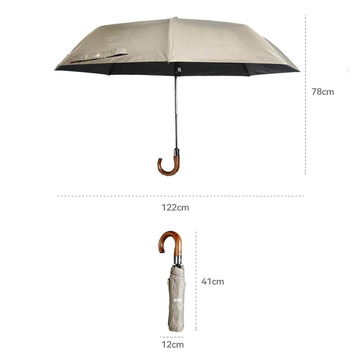 Large luxury folding umbrella with wooden handle open in rainy street