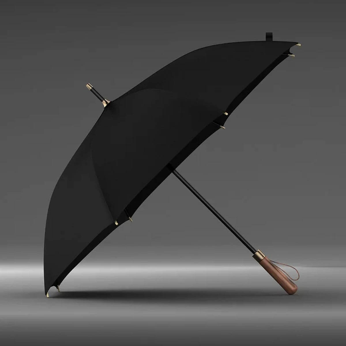 Classic black umbrella with wooden handle and automatic open