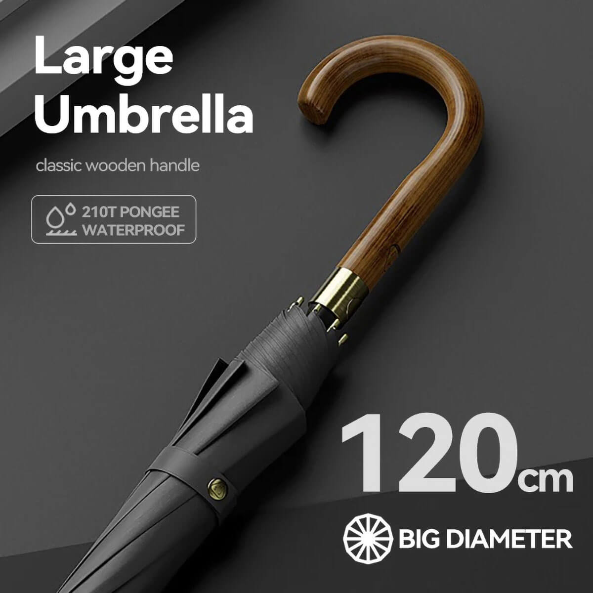 Close-up of Big Umbrella's natural wood handle and automatic open button