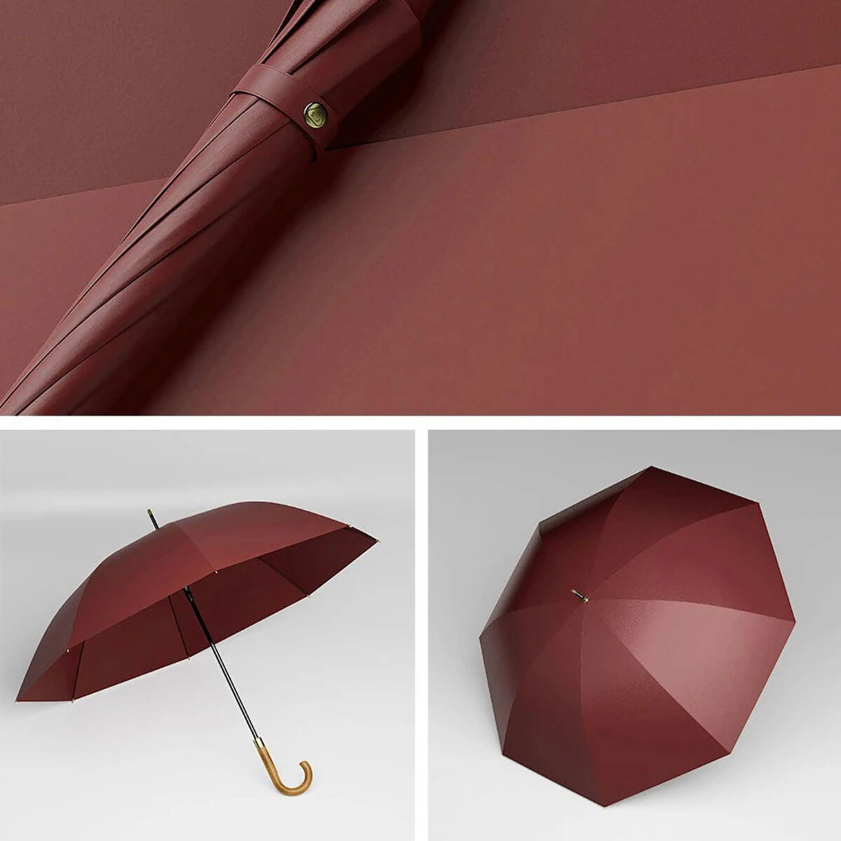 Lifestyle image of businesspeople using Red Color of Big Umbrella on rainy street