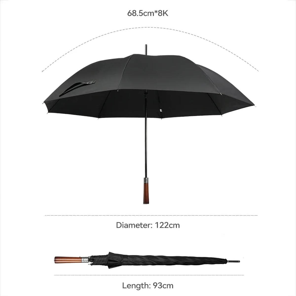 Black oversized umbrella with wooden handle, closed view