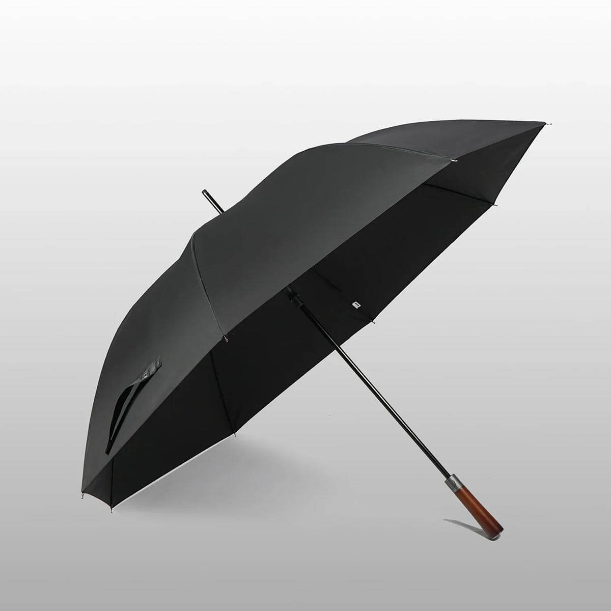 Wooden-handled large umbrella open to show 122cm coverage