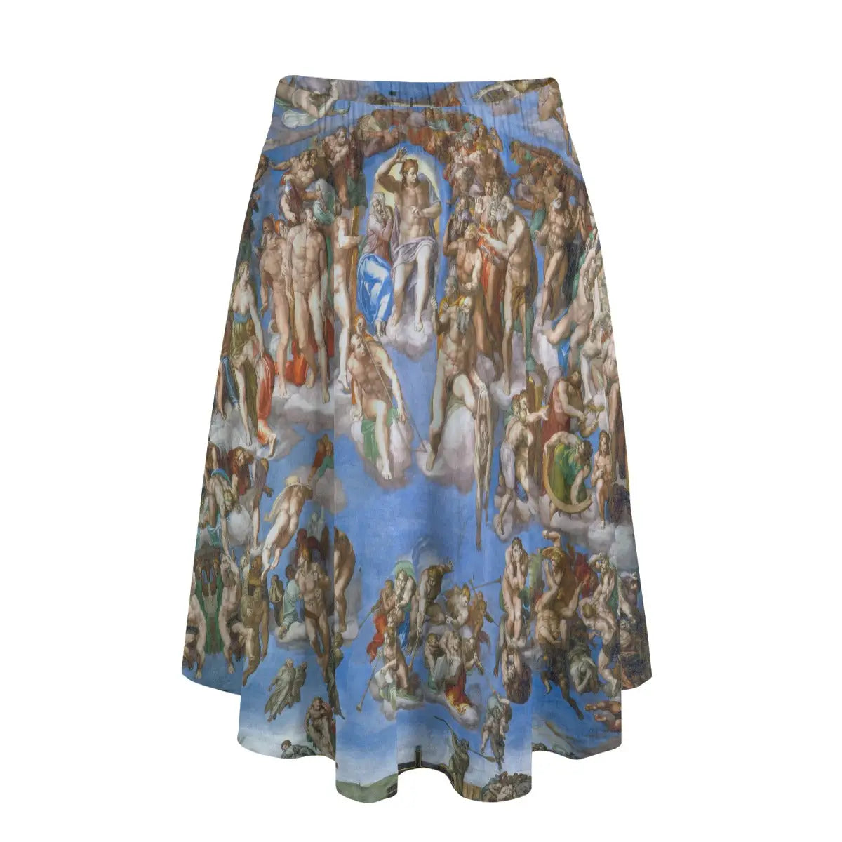 Woman wearing Michelangelo's Last Judgment long maxi skirt showing the divine judgment scene against simple navy top
