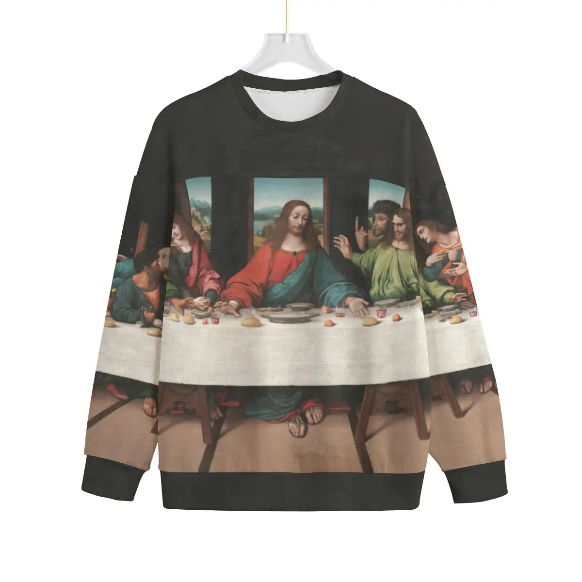 The Last Supper Sweater displaying Leonardo da Vinci's masterpiece artwork on recycled polyester fabric