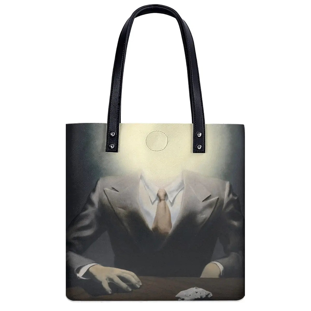 Black waterproof shoulder bag with Magritte's The Pleasure Principle artwork print, showing man with glowing orb head