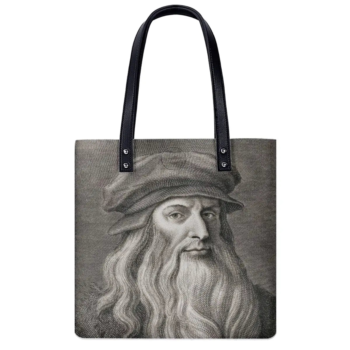 Leonardo Da Vinci Shoulder Bag featuring self-portrait from 1512, black waterproof design with double-sided print