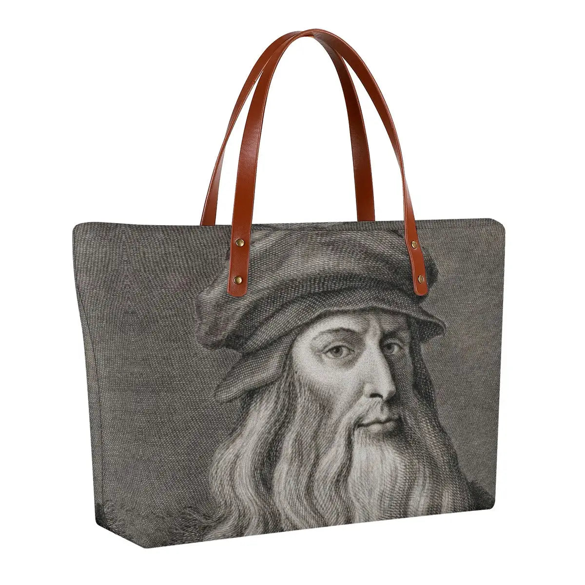 Black and white Leonardo Da Vinci artistic tote bag showing spacious width and brown strap