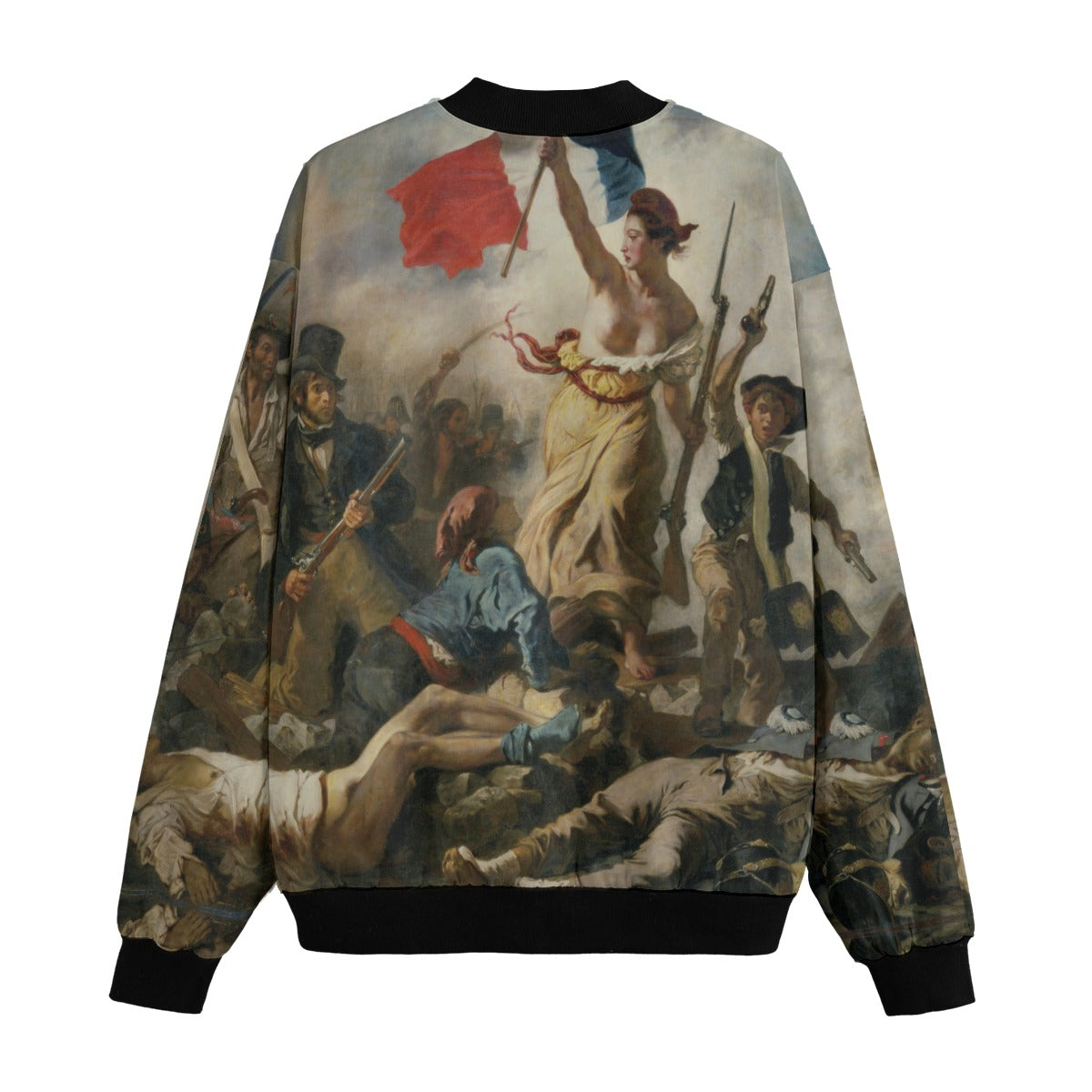 Detailed view of Liberty Leading People artwork print on artistic bomber jacket