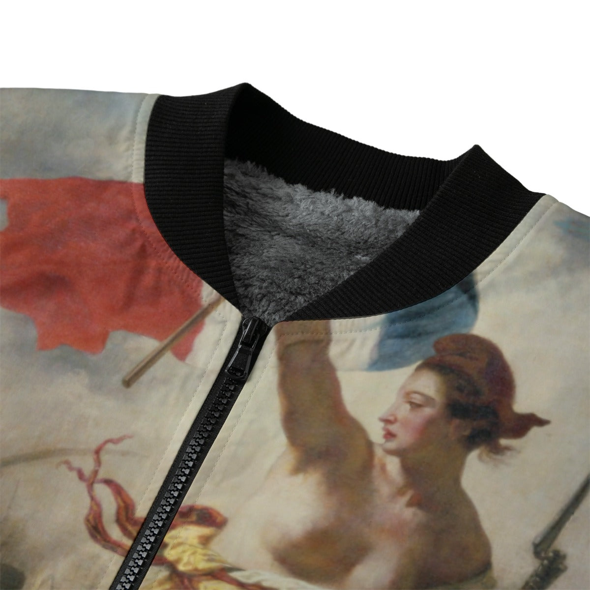 Close-up of recycled polyester fabric texture on Delacroix art jacket