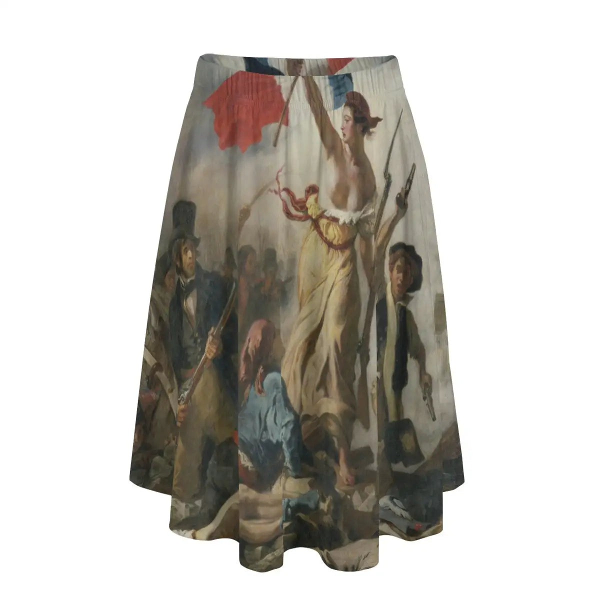 Woman wearing Eugène Delacroix's Liberty Leading the People long maxi skirt showing the revolutionary scene against simple white blouse