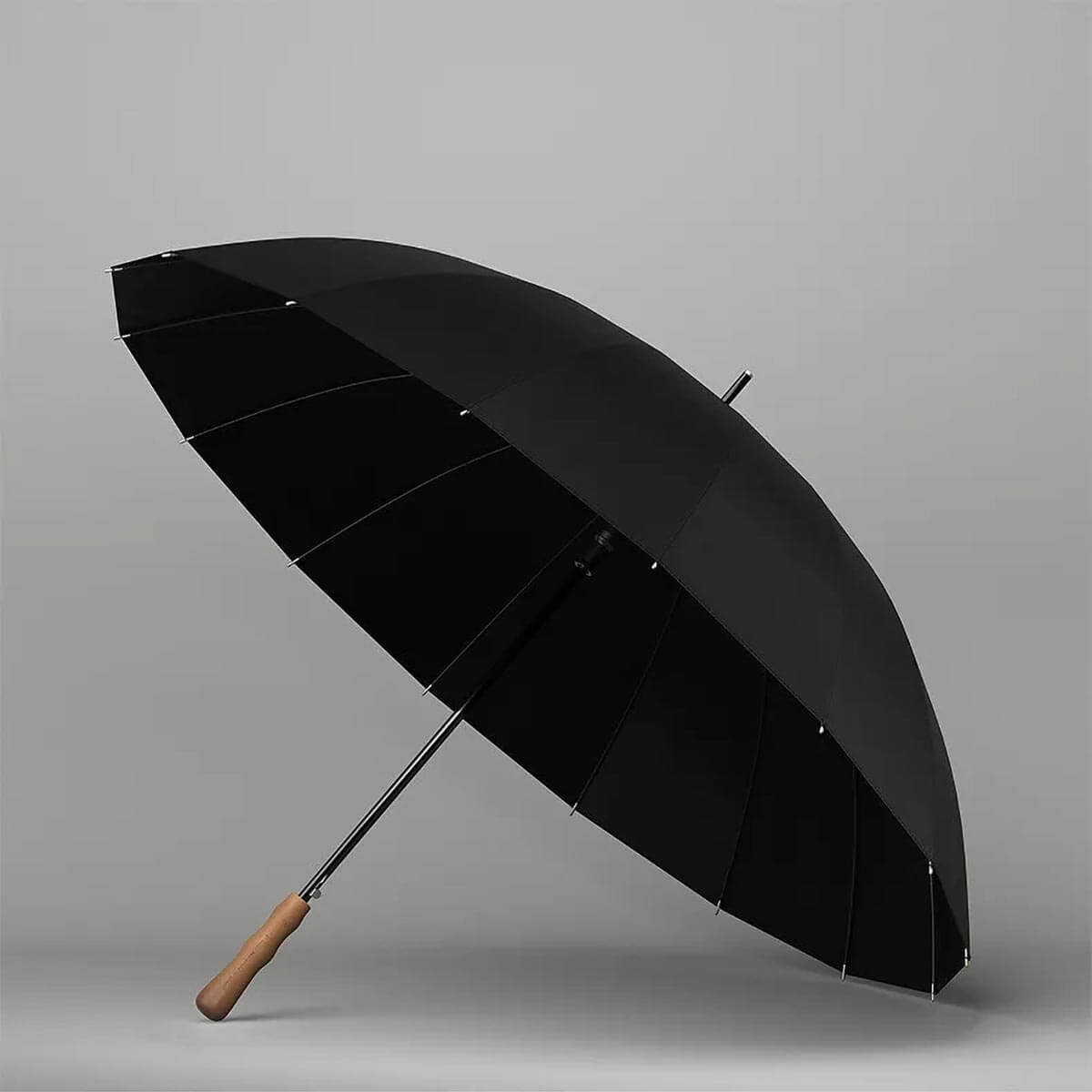 Full-length view of the Luxury Big Wooden Long Handle Umbrella demonstrating its generous size