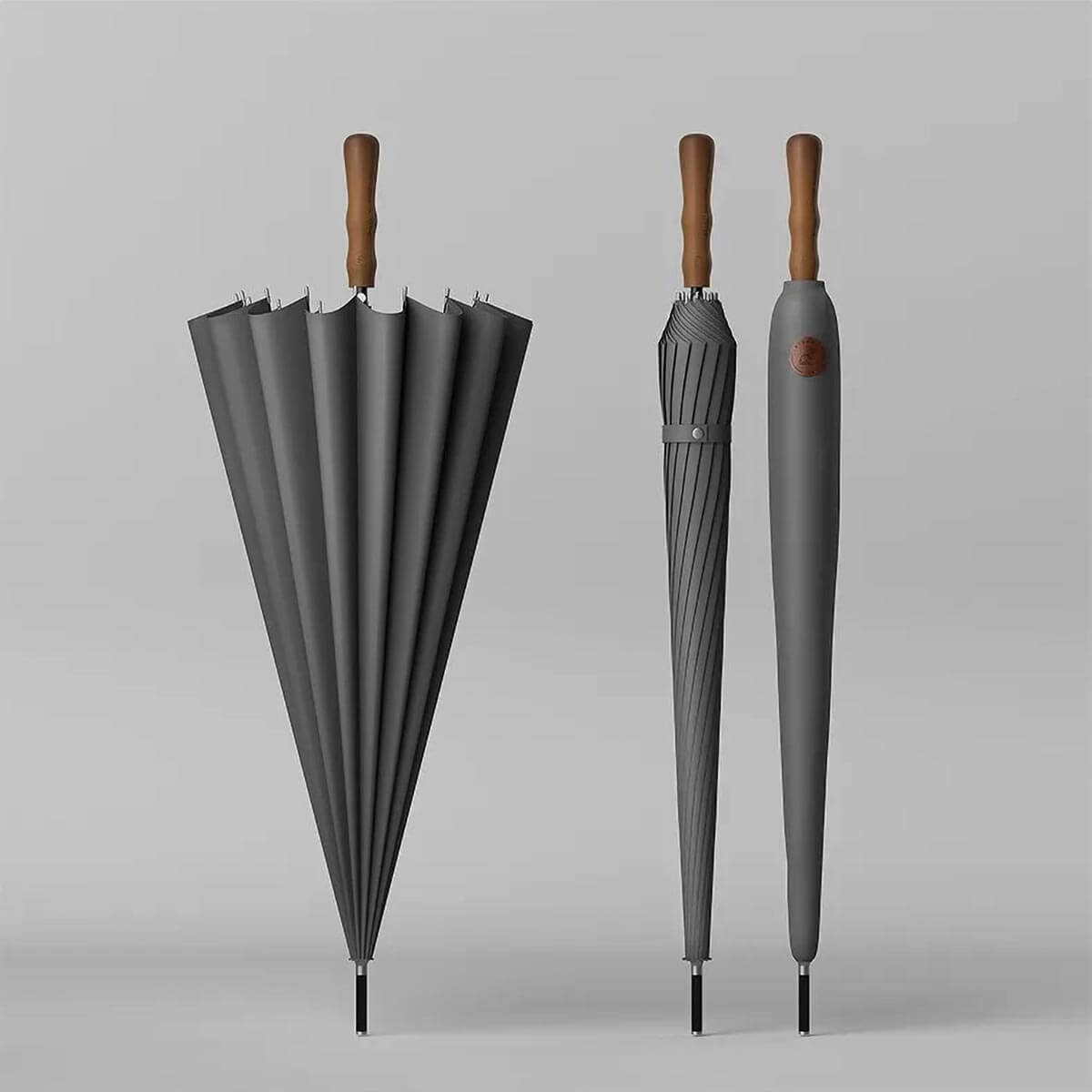 Luxury Big Wooden Long Handle Umbrella withstanding strong winds, showcasing its durability