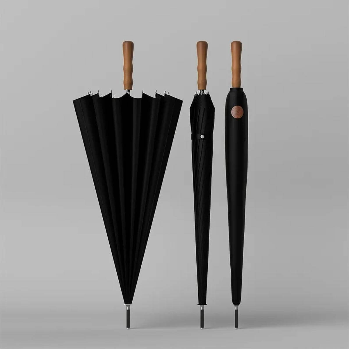 Close-up of the premium wooden handle on the Luxury Big Wooden Long Handle Umbrella