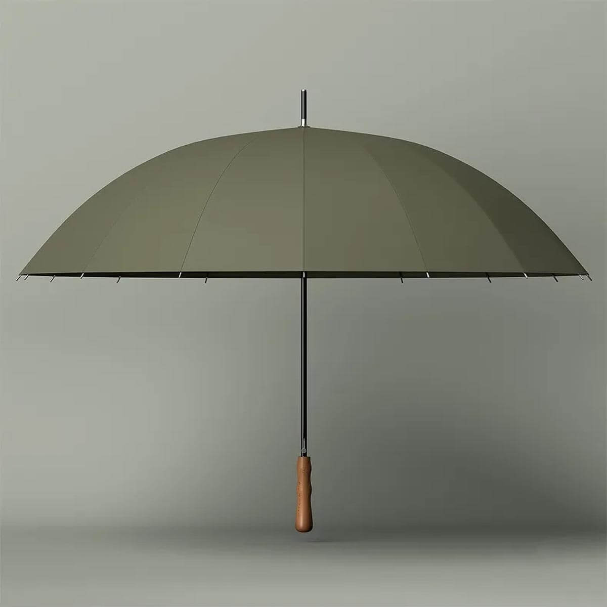 Luxury Big Wooden Long Handle Umbrella hanging from a coat rack, ready for use