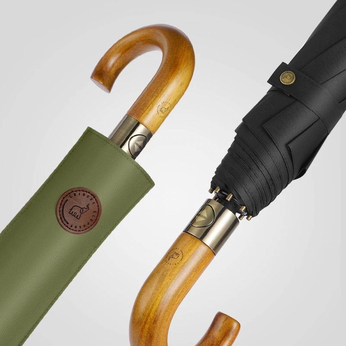 Sophisticated khaki Luxury Strong Automatic Foldable Umbrella, closed to display compact size