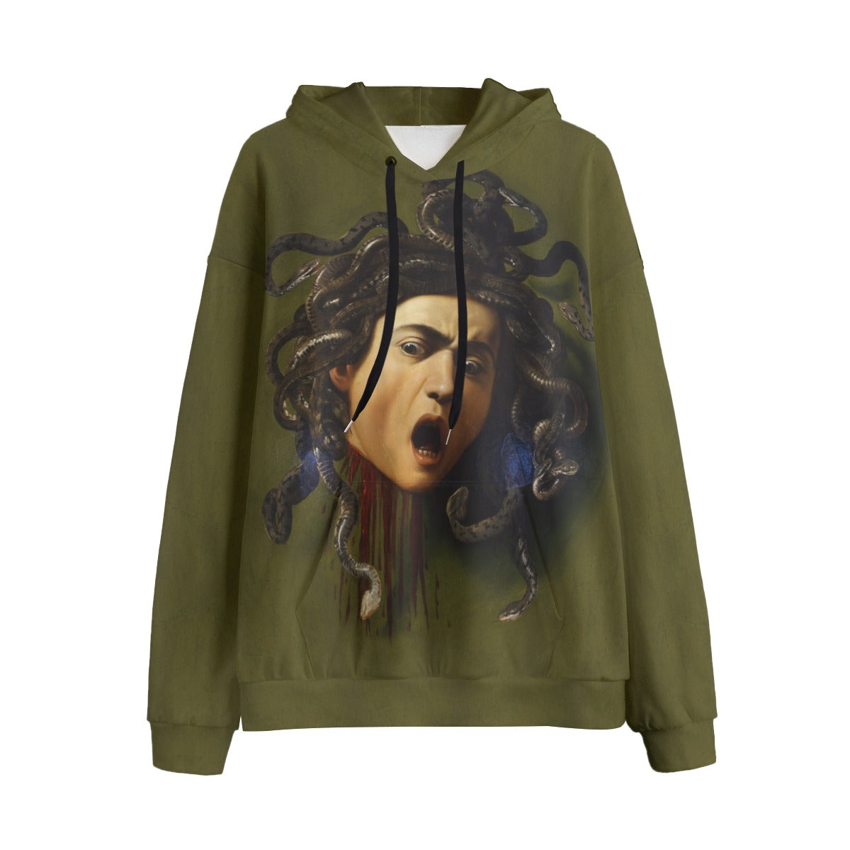 Medusa by Caravaggio Hoodie - Front view showing detailed print of Medusa's head on black premium fleece