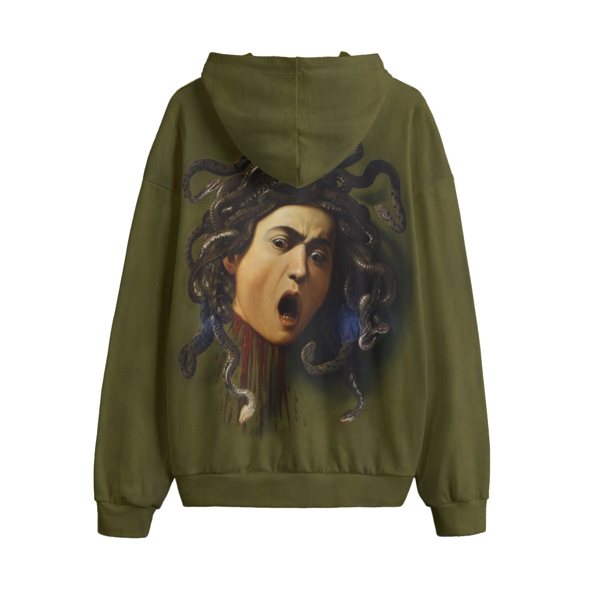 Back view of Medusa by Caravaggio Hoodie, displaying plain black design for contrast with front artwork