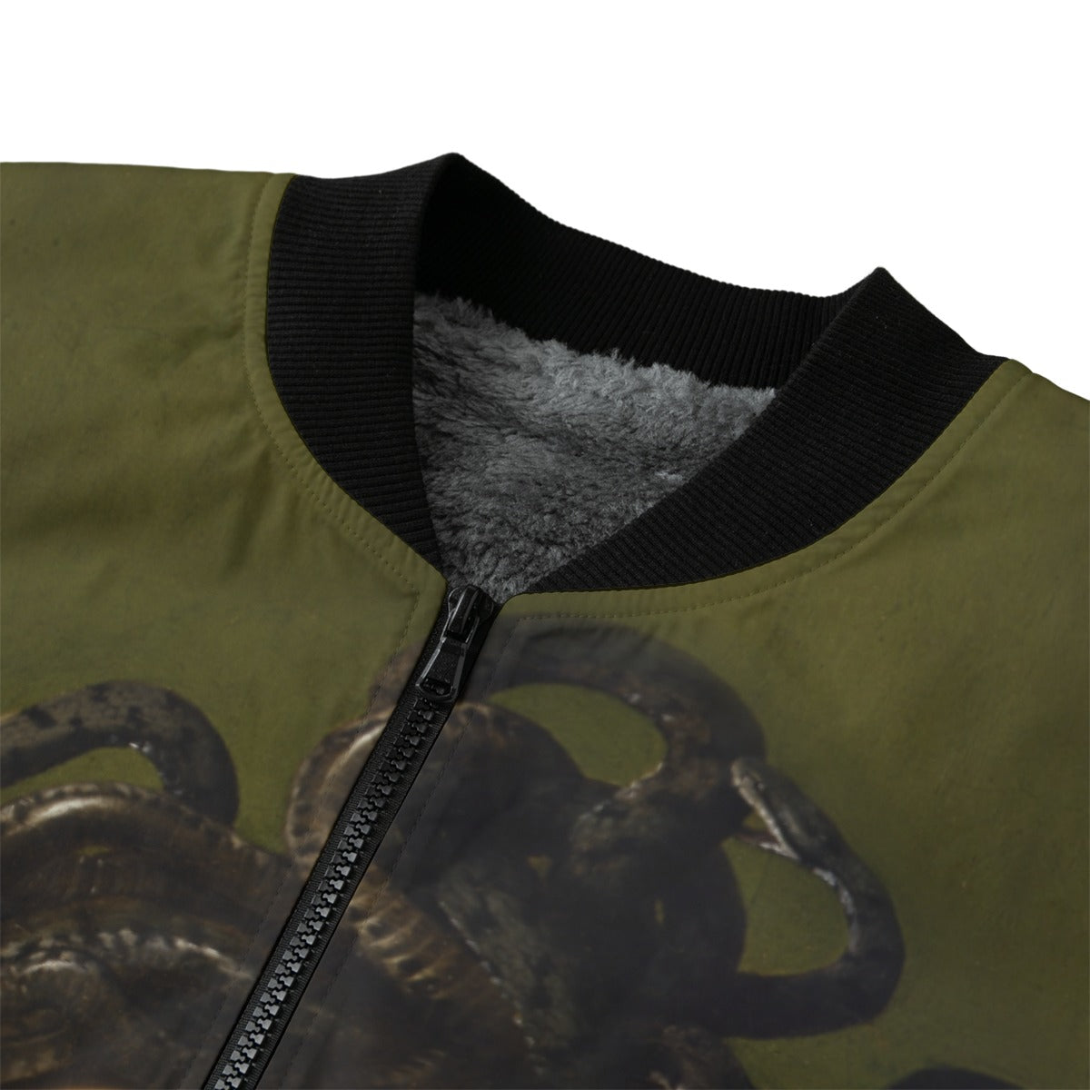 Premium zipper detail of Medusa by Caravaggio Art Jacket showing quality craftsmanship