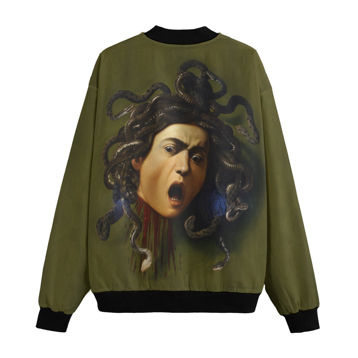 Luxury Art Bomber Jacket featuring Caravaggio's Medusa masterpiece back detail view