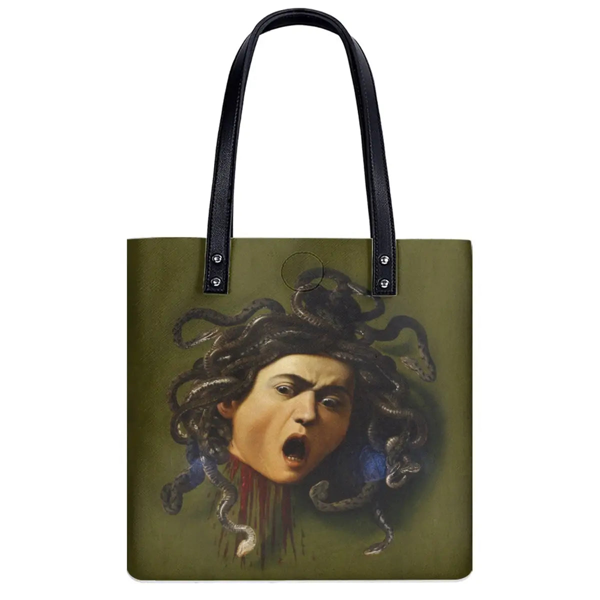 Double-sided art print Medusa shoulder bag showing Caravaggio's painting from Uffizi Gallery