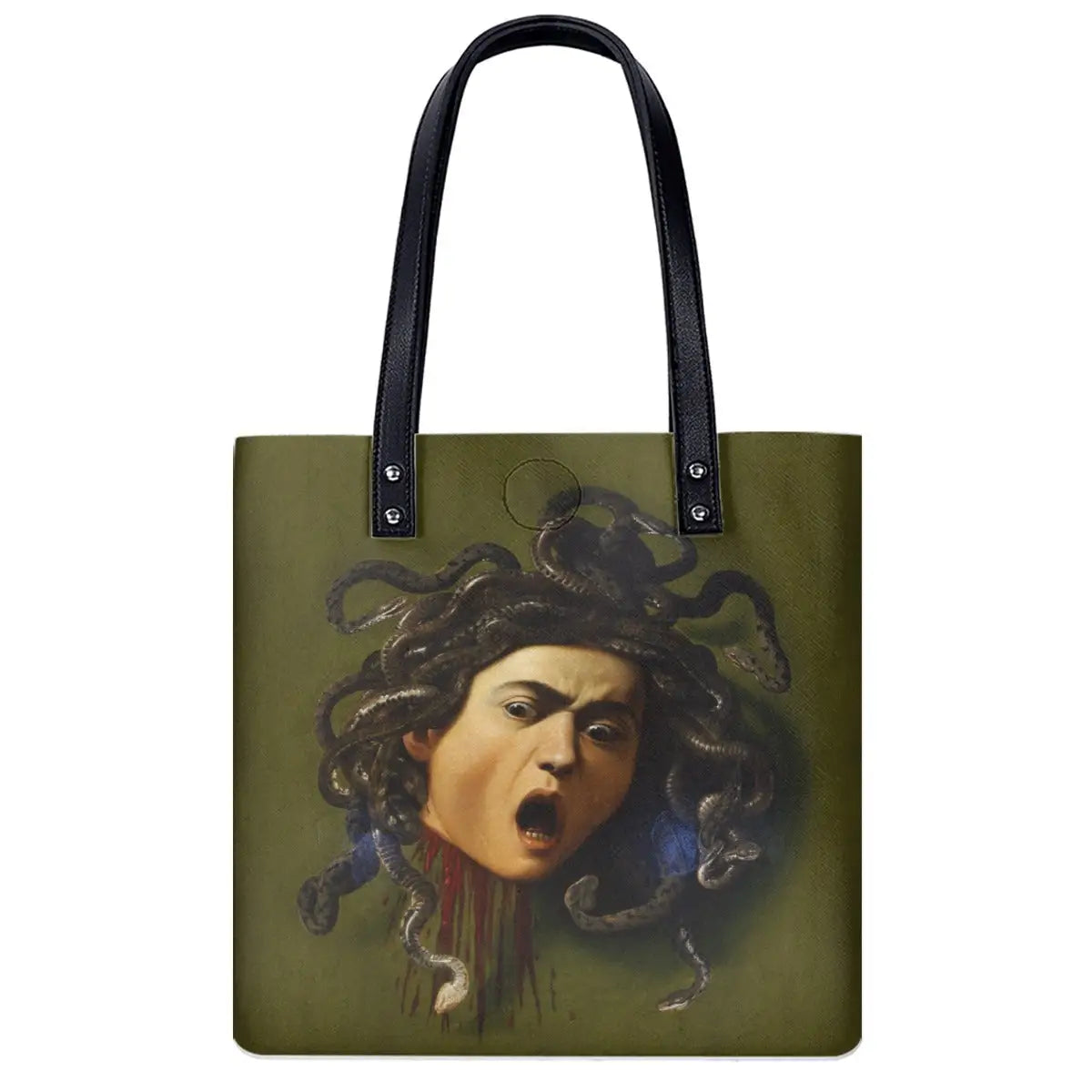 Medusa by Caravaggio Shoulder Bag featuring Renaissance masterpiece artwork on black waterproof fabric